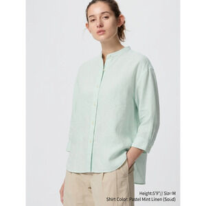 Uniqlo Women's mint green Linen Blend Band Collar Button Up Shirt S Minimalist
